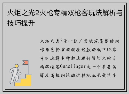 火炬之光2火枪专精双枪客玩法解析与技巧提升
